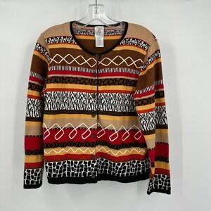 Womens Artsy Eclectic Cardigan Size M Bold Knit Sweater Boho Animal Print Stripe